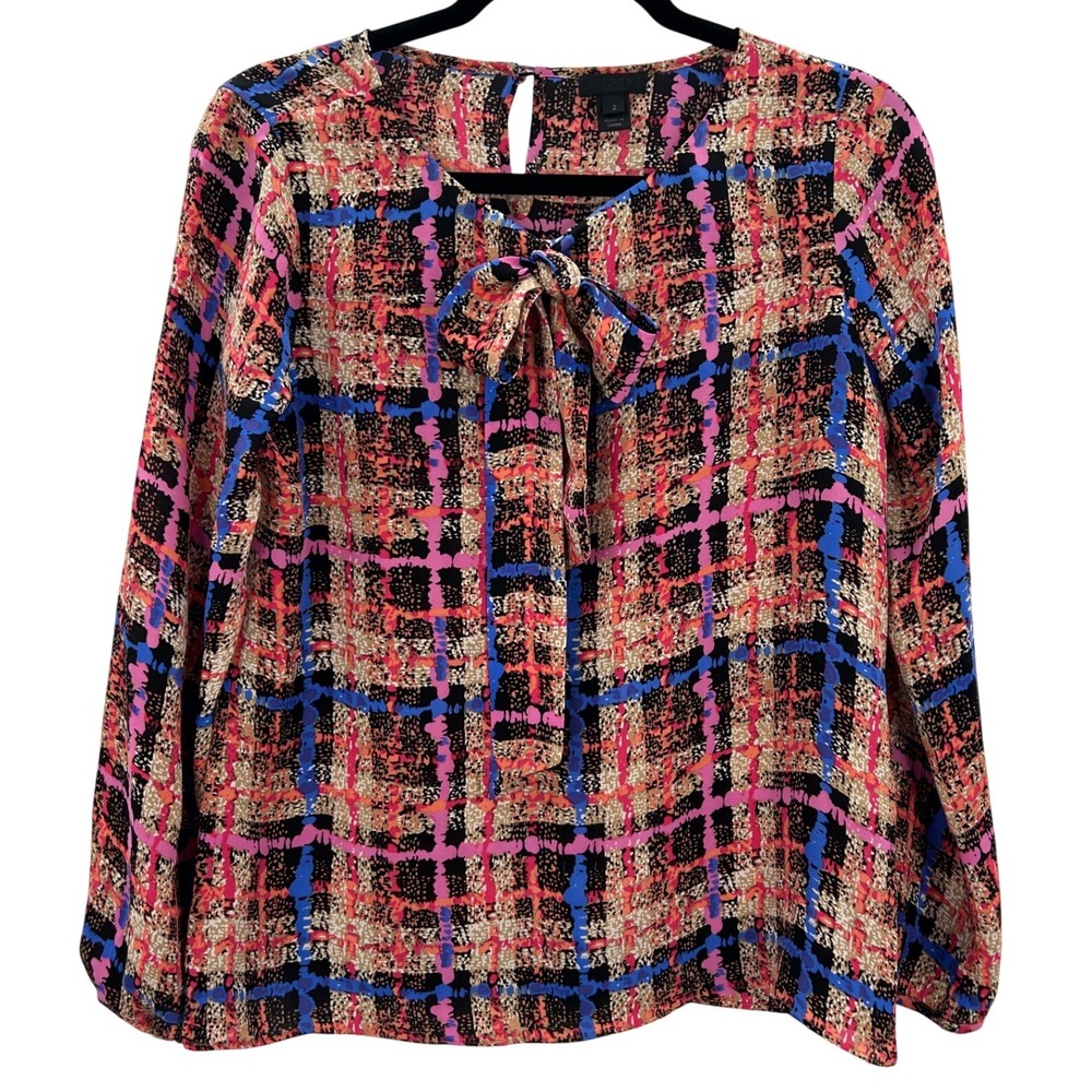 J.Crew Silk Blouse Abstract Plaid Print Tie Neck Long Sleeve Lightweight Top 2